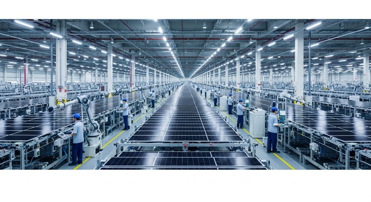 Large solar panel manufacturing facility floor with workers and robotic arms assembling solar modules in long production line