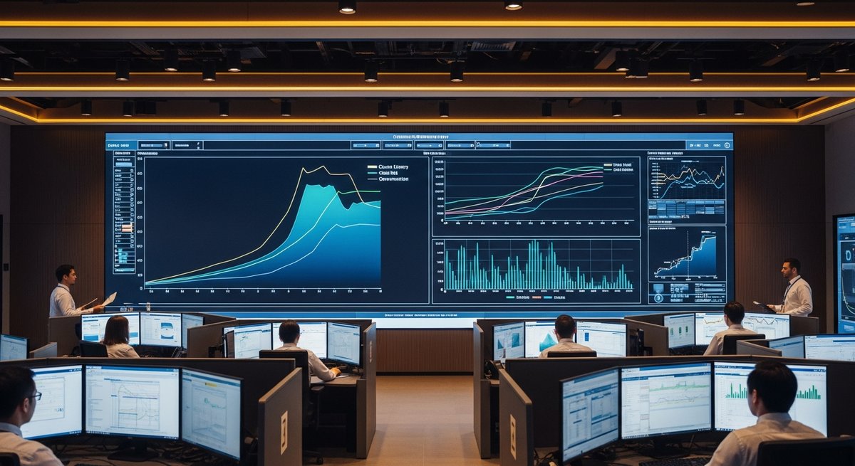Engineers in a control room monitoring large screens showing clean energy output growth versus fossil fuel consumption charts