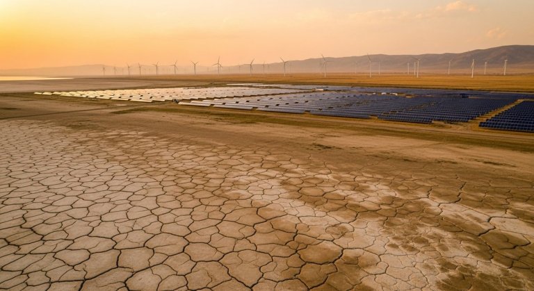 Cracked dry lakebed in foreground with wind turbines and solar panels visible on distant hills under a hazy orange sky