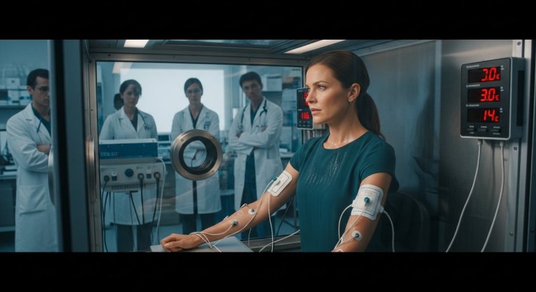 Reporter inside a scientific heat chamber with medical sensors attached, sweat on skin, monitored by lab professionals outsid