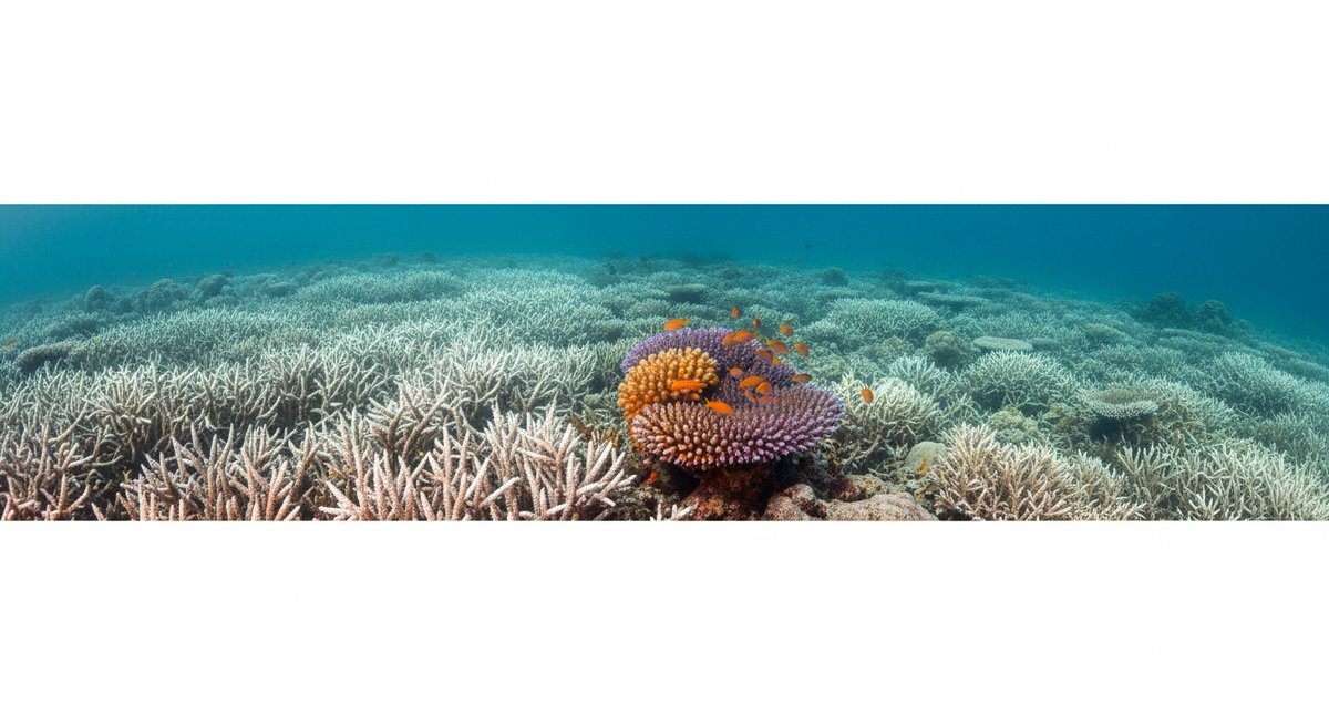 Underwater view of bleached white coral reef next to a small patch of surviving colorful coral with stressed fish nearby