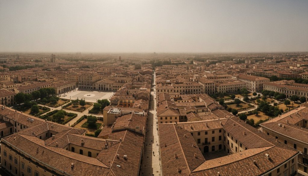 Aerial view of a European city baking under an extreme heatwave with heat haze rising from rooftops and empty plazas
