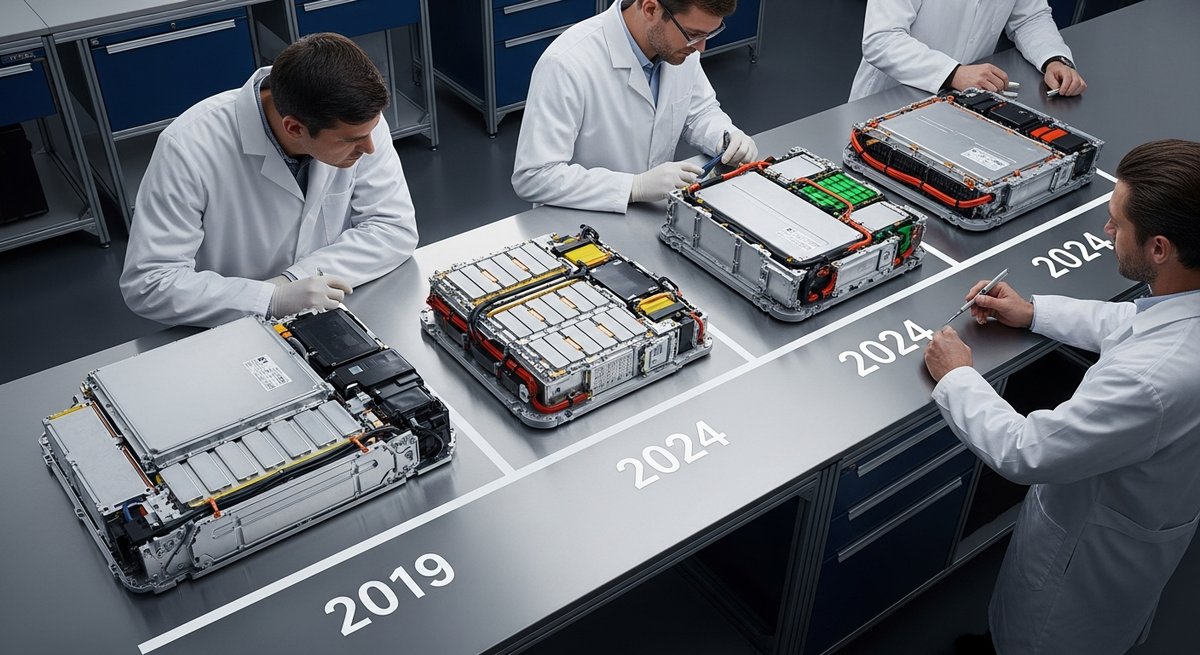 Evolution of EV battery packs from 2019 to 2024 laid out in a professional automotive lab
