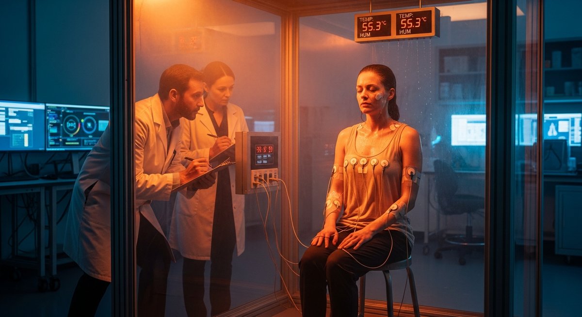 Woman with medical monitoring sensors inside a heat chamber, visibly sweating, with researchers observing data on screens nea