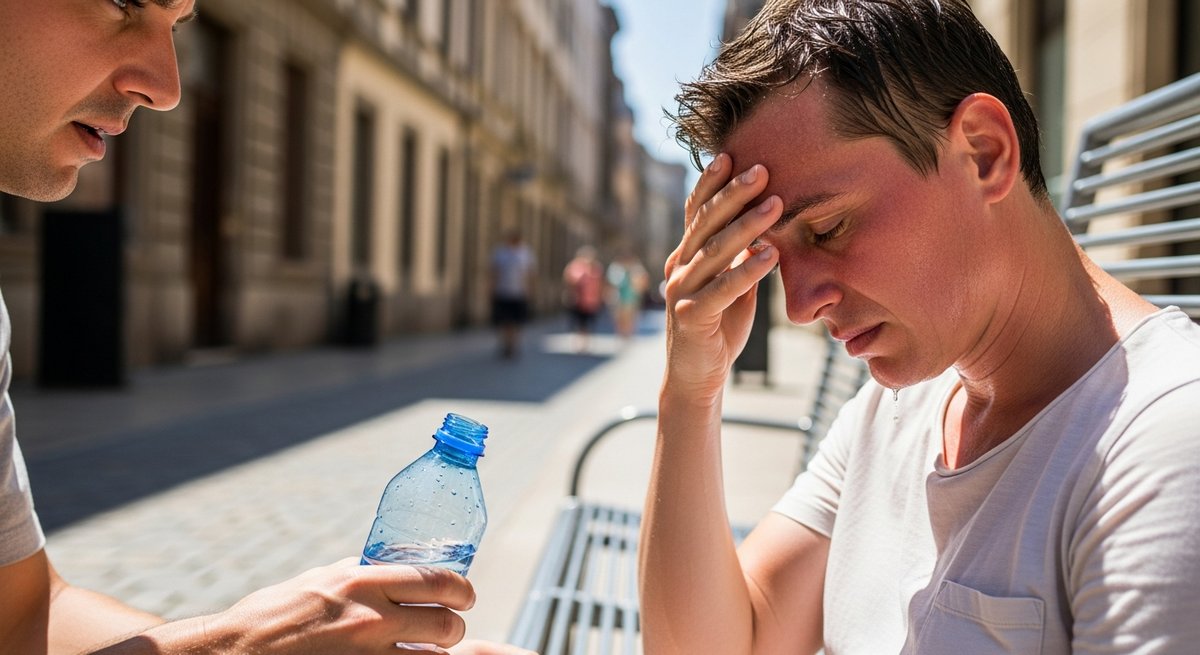 Person showing signs of heat exhaustion on a sunny urban bench while a bystander offers water