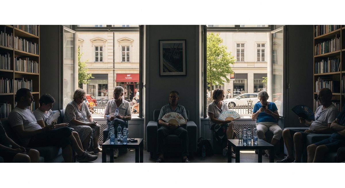 Diverse group of people sheltering from a heatwave inside a cool public community cooling center with water bottles