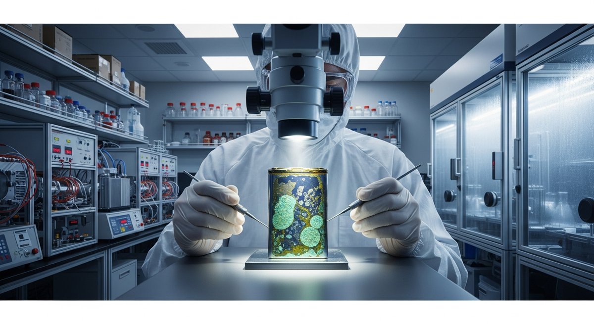 Scientist examining a degraded lithium-air battery prototype in a testing laboratory