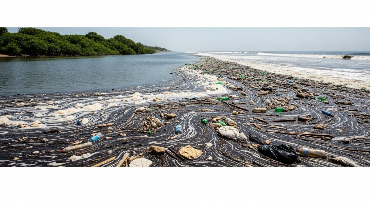 Coastal shoreline where polluted river runoff and plastic waste discolor the ocean water at the tideline