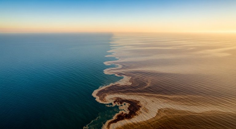 Aerial view of ocean showing contrast between clean deep-blue water and murky pollution-streaked water merging at the surface