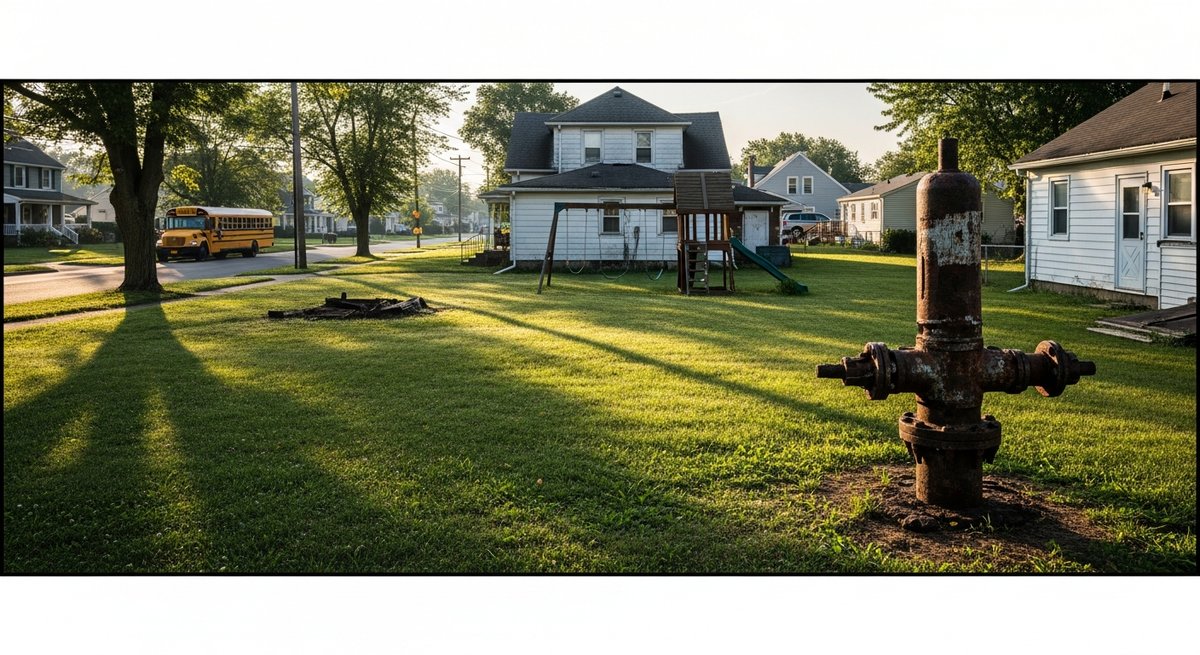 Abandoned oil well casing in the backyard of a residential home near a children's swing set in a suburban neighborhood