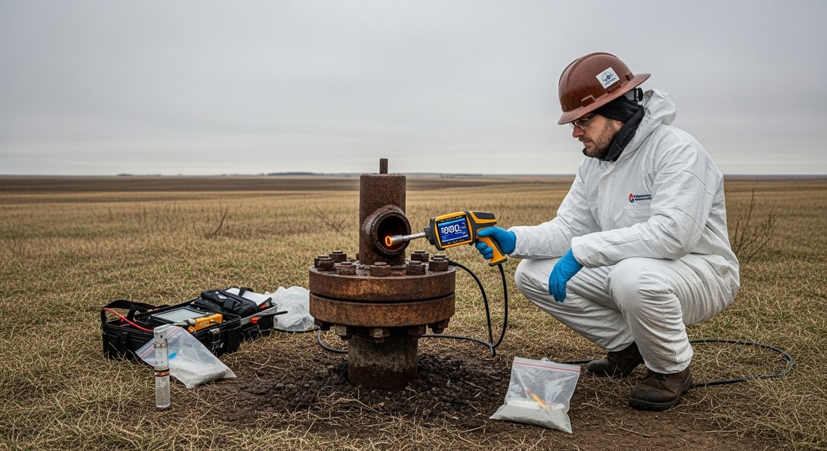 Scientist using handheld methane detector at a weathered wellhead in a rural field during field research