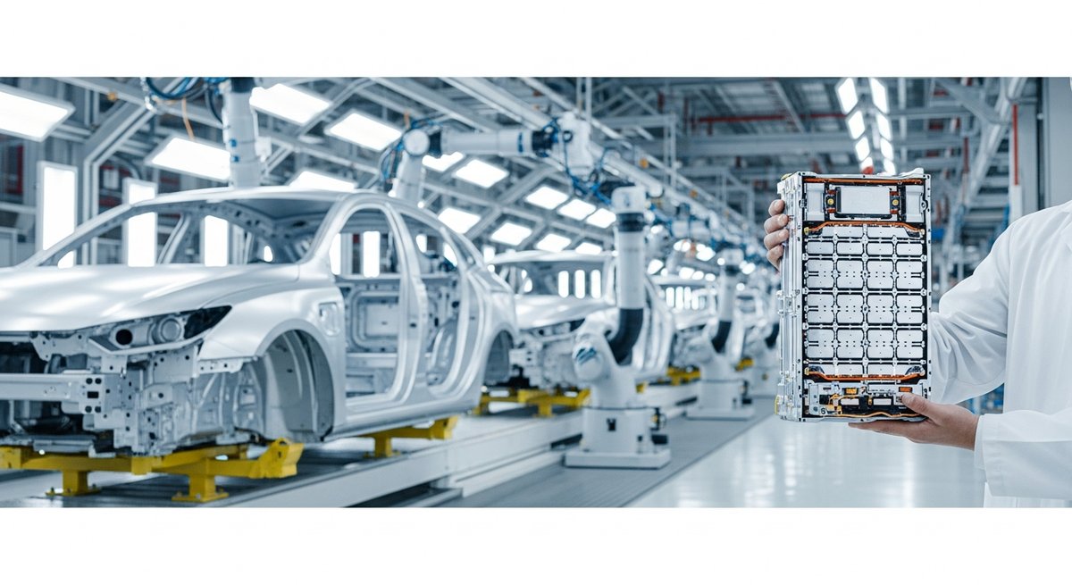Electric vehicle assembly line with a technician holding a sodium-ion battery pack, symbolizing the end of internal combustio