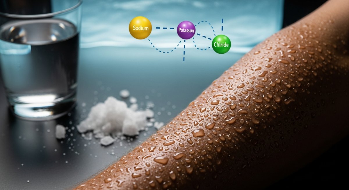 Close-up of a sweat-covered forearm with electrolyte salt crystals and a glass of water, illustrating dehydration and electro