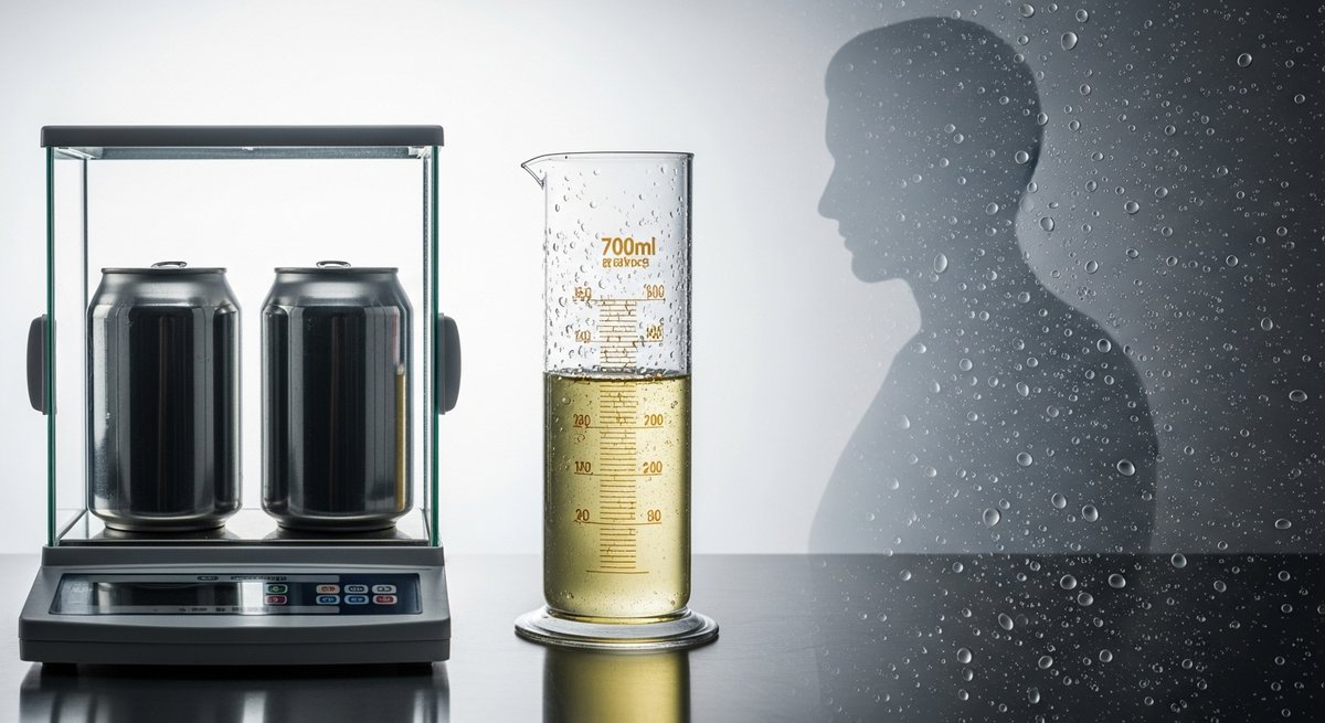 Two soda cans beside a graduated cylinder of fluid on a lab bench, representing the volume of sweat the human body produces i