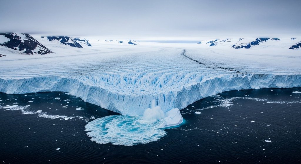 Aerial view of Thwaites Glacier in Antarctica with fractured ice shelf calving into dark polar ocean waters