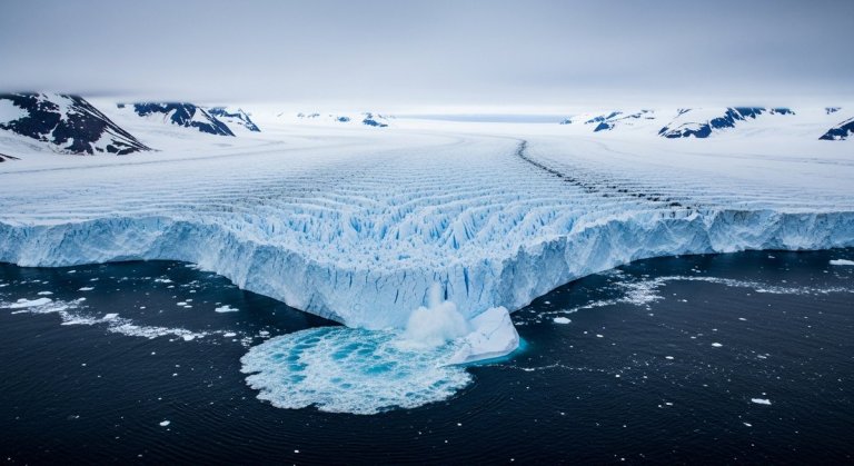 Aerial view of Thwaites Glacier in Antarctica with fractured ice shelf calving into dark polar ocean waters