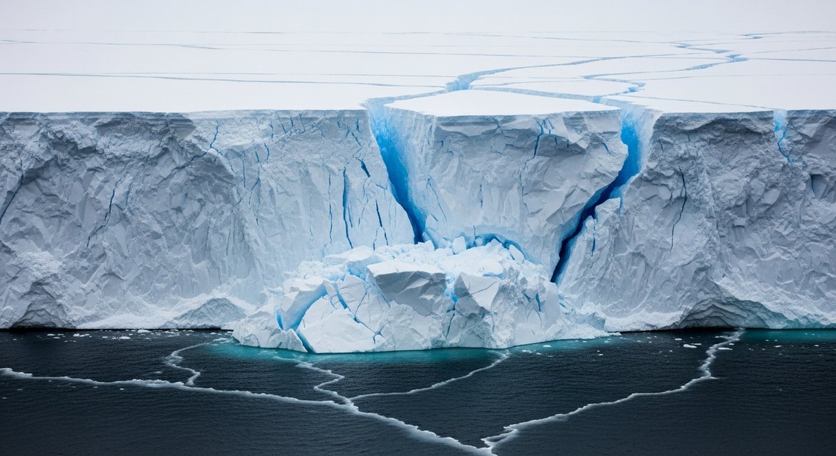 Thwaites ice shelf fractured with deep crevasses as the floating ice tongue begins to break away from its anchor