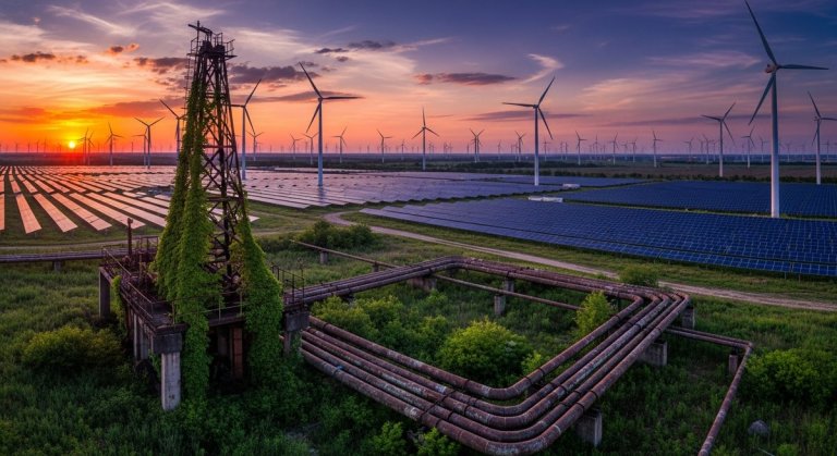 Aerial view of vast solar farm and wind turbines at sunset with abandoned oil infrastructure reclaimed by nature in the foreg