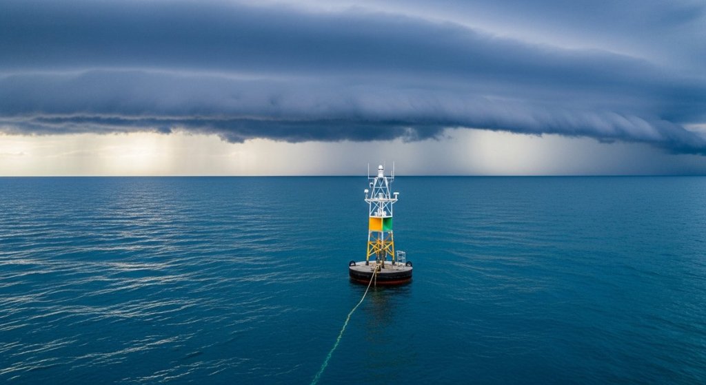 NOAA ocean monitoring buoy with sensors floating in open ocean as storm clouds gather on the horizon
