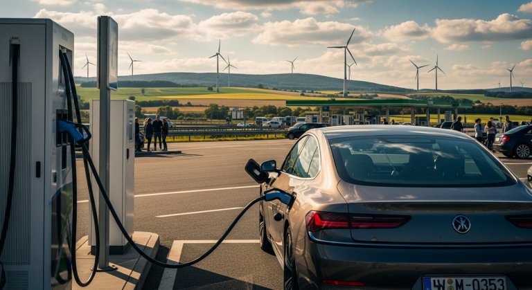 Electric car charging at a German autobahn station with wind turbines and countryside in the background