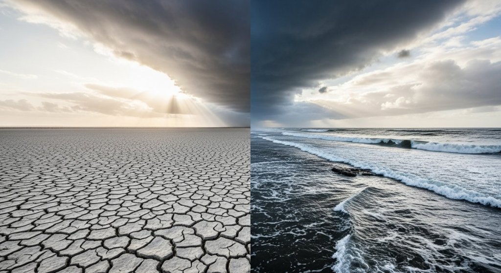 Split landscape showing cracked drought-stricken earth on one side and flooded coastline with storm waves on the other