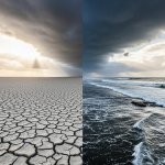 Split landscape showing cracked drought-stricken earth on one side and flooded coastline with storm waves on the other