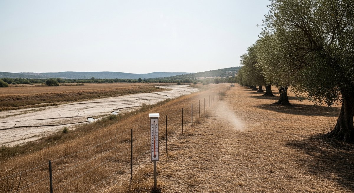 Severely drought-parched southern French landscape with cracked earth, dry scrubland and extreme heat shimmer