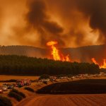 Massive wildfire engulfing dry pine forest in France with thick smoke and fleeing vehicles on a rural road