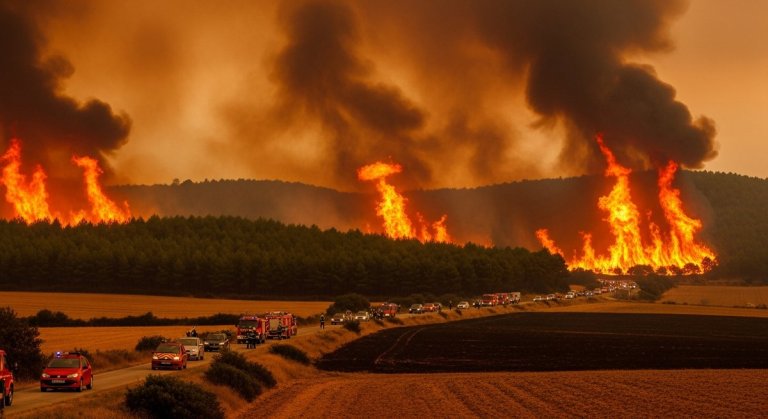 Massive wildfire engulfing dry pine forest in France with thick smoke and fleeing vehicles on a rural road