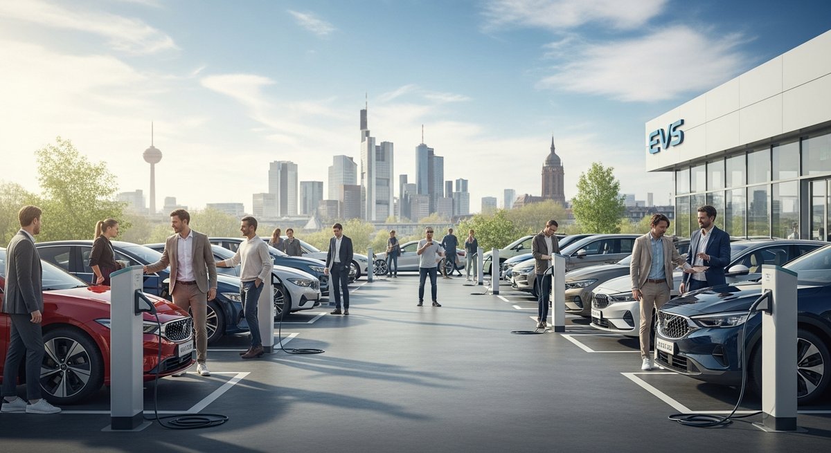 Busy German EV dealership forecourt with customers browsing electric cars after the end of government purchase subsidies