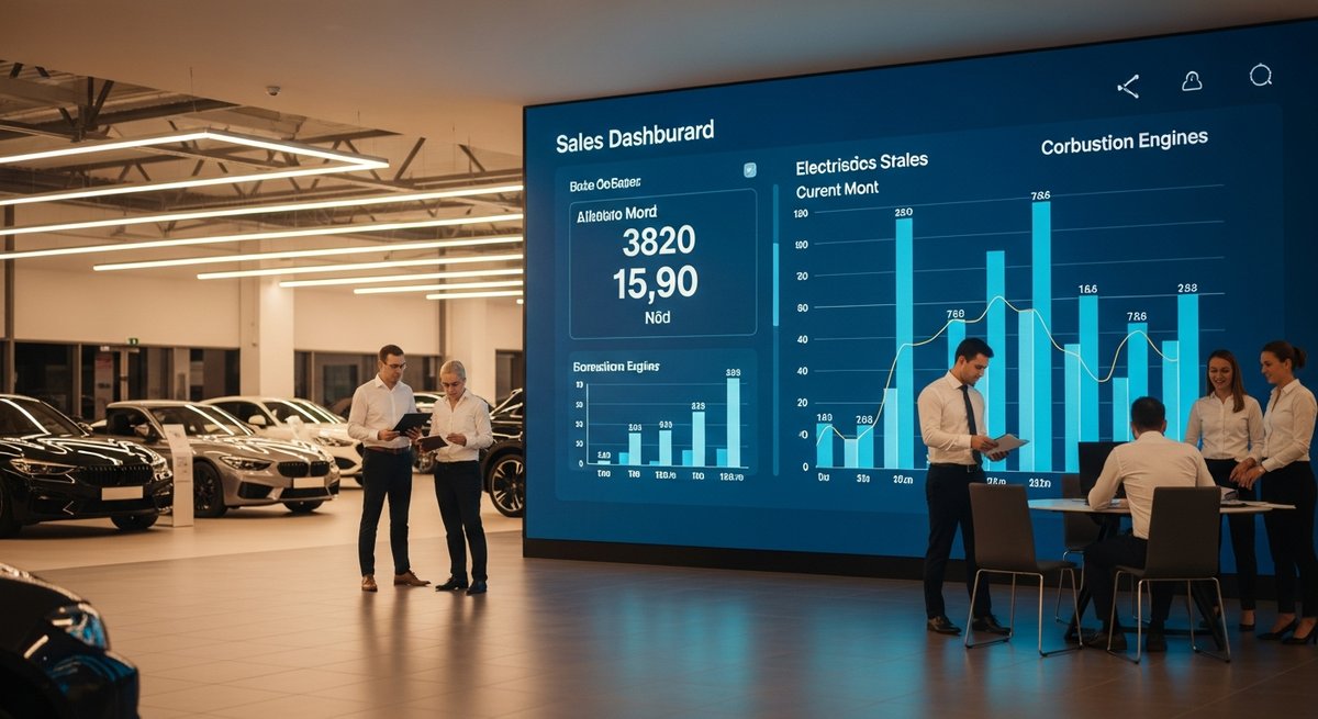 Automotive dealership showroom with a sales data screen showing electric vehicles surpassing combustion engine car sales