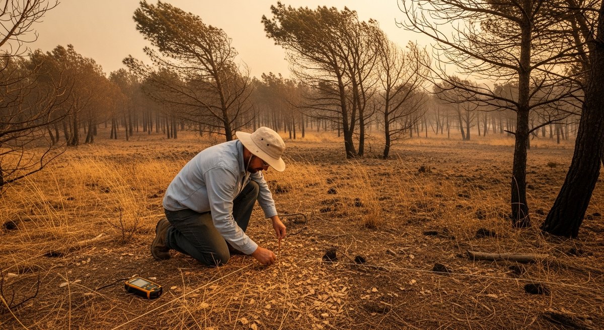 Climate scientist measuring dry vegetation and fuel moisture in a drought-stressed Mediterranean pine forest