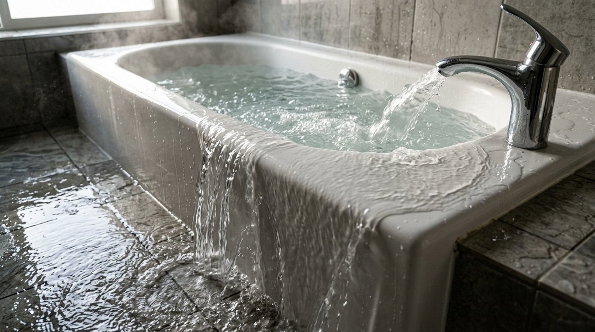 Overflowing bathtub with tap running at full blast, water spilling onto tiled floor illustrating accumulation