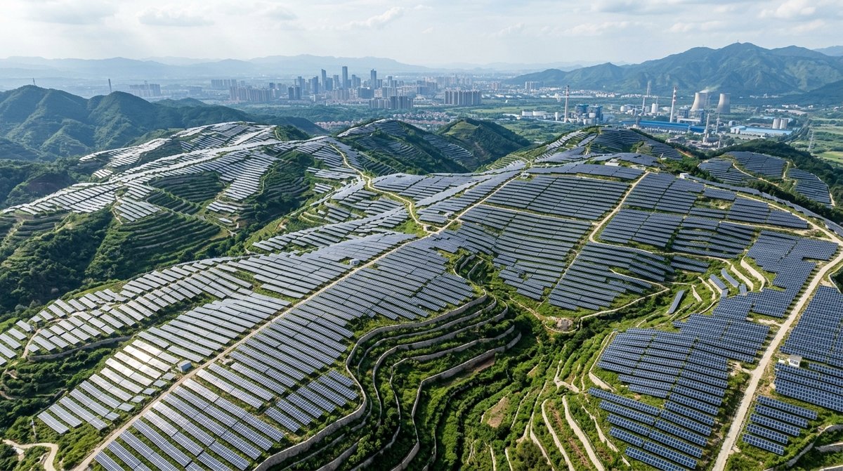 Enormous Chinese solar farm on terraced hillsides stretching toward a city skyline, illustrating China's dominance in global