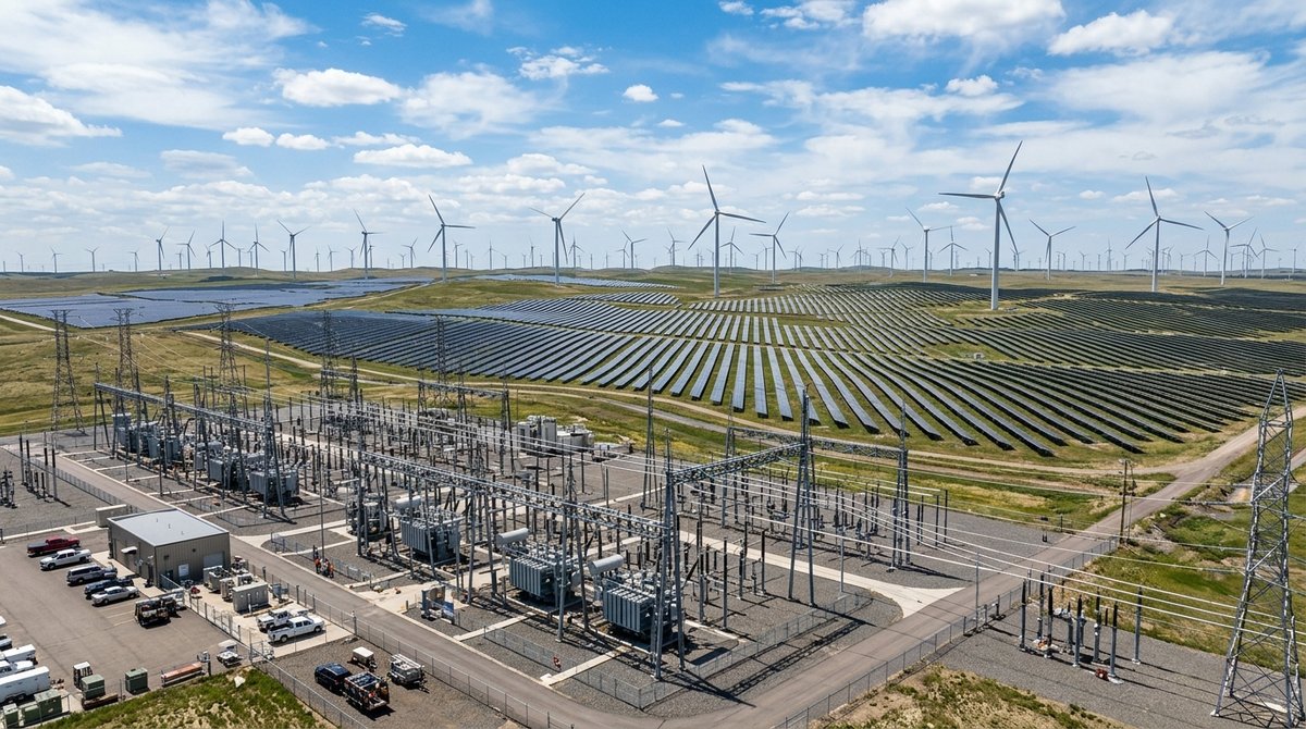 Power grid substation in foreground with wind turbines and solar panels behind representing a transitioning clean electricity