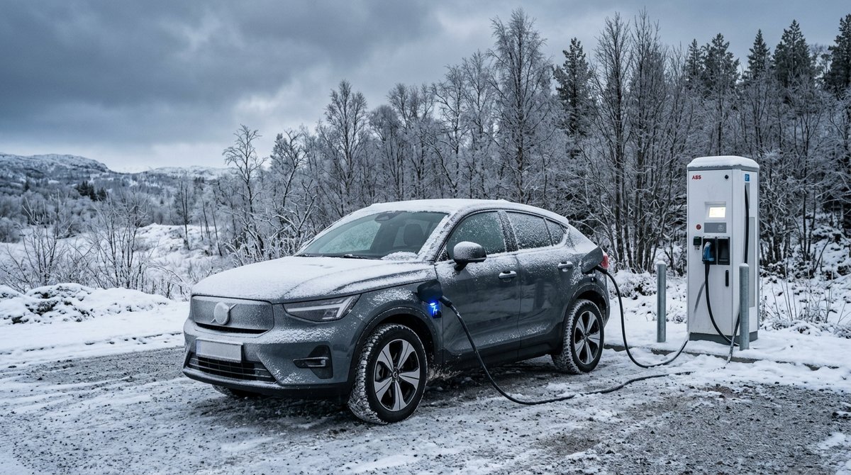 Electric vehicle charging in a cold snowy winter landscape with frost on the ground and overcast sky