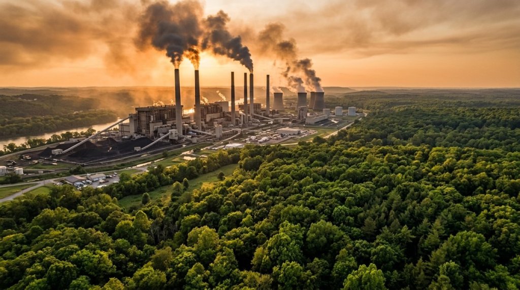 Aerial view of coal power plant emitting smoke contrasted against a vast green forest under a hazy orange sky