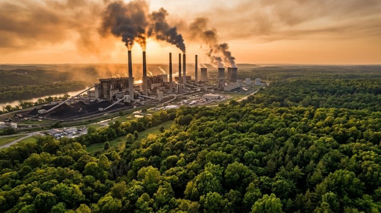 Aerial view of coal power plant emitting smoke contrasted against a vast green forest under a hazy orange sky