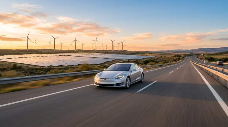 Electric vehicle driving on a highway with wind turbines and solar panels in the background at golden hour