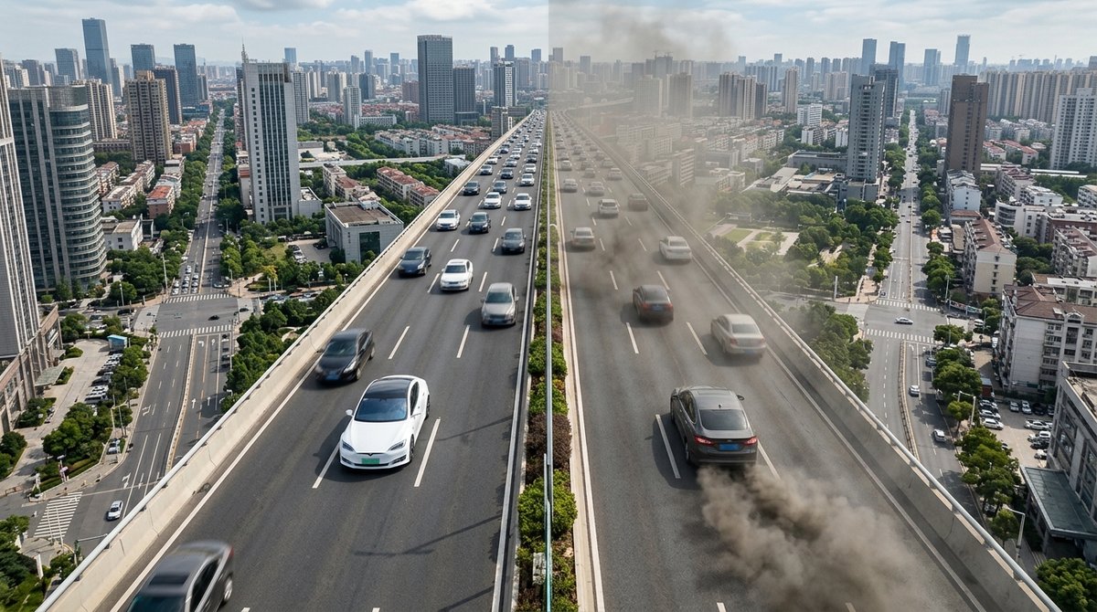 Aerial view comparing electric vehicle emitting clean air versus gasoline car leaving exhaust fumes on a divided urban road