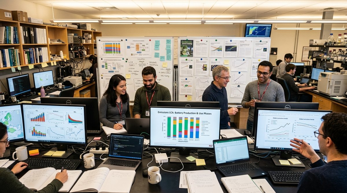 MIT researchers analyzing electric vehicle lifecycle emissions data on computer monitors inside a university research lab