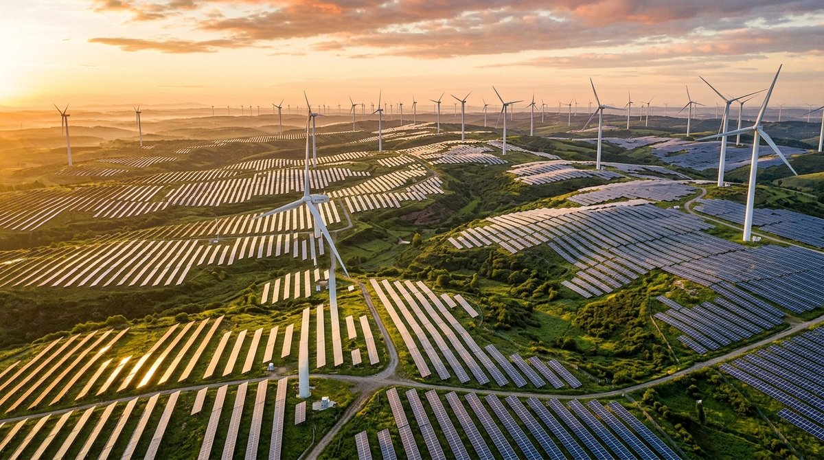 Expansive solar farm and wind turbines stretching across rolling hills at sunrise representing the scale of net zero requirem