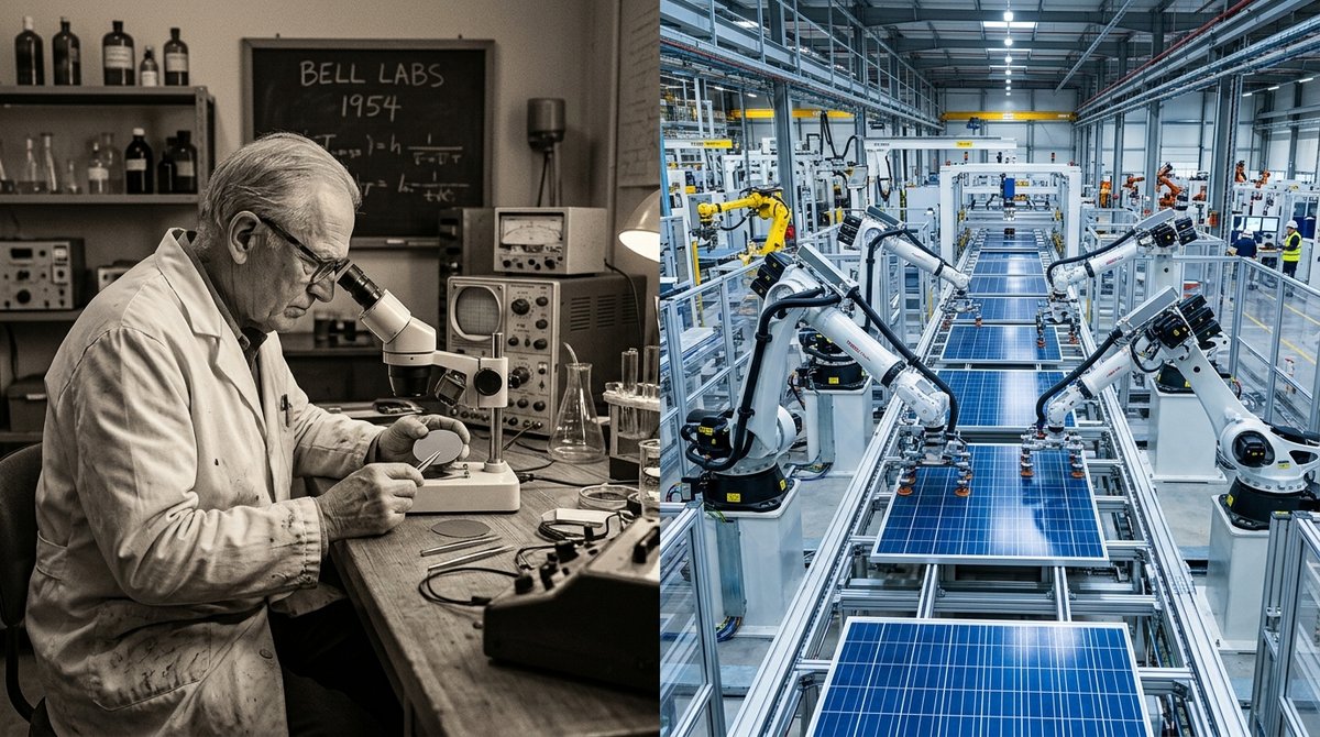 Contrast between a 1950s solar cell lab and a modern solar panel factory production line, illustrating 70 years of solar grow
