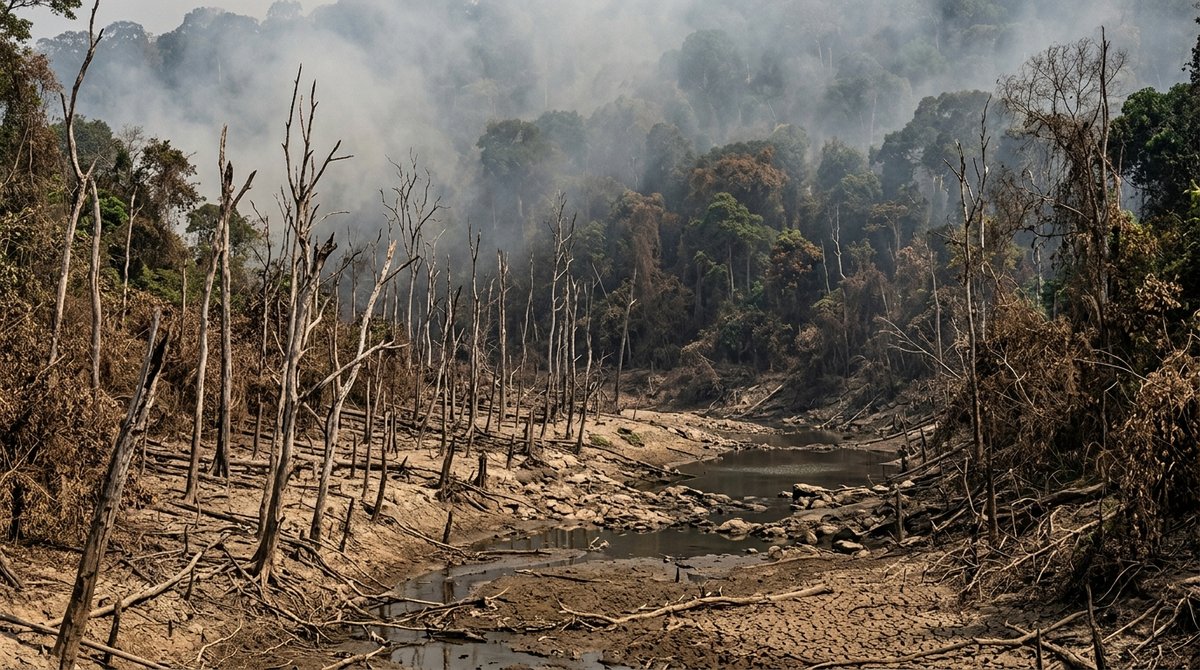 Stressed tropical forest with dying trees and cracked dry soil showing weakening carbon sink under climate stress