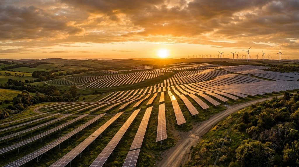 Massive solar farm stretching to the horizon at golden hour, representing the world reaching 3 terawatts of solar capacity.