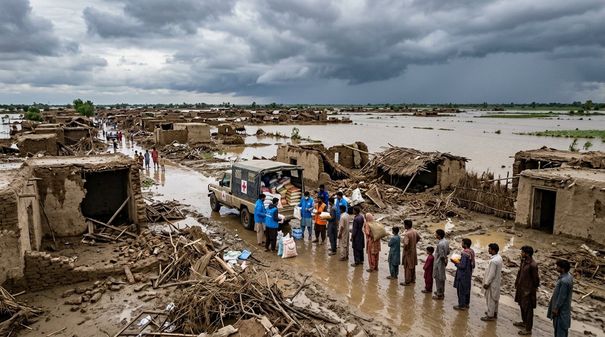 Aid workers assisting flood-affected residents in a developing nation village, illustrating the climate financing gap consequ