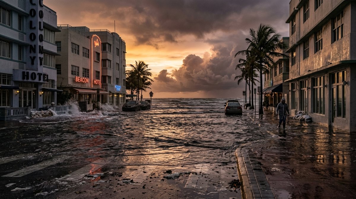 Coastal street flooded by rising seawater with storm clouds over the ocean horizon, illustrating sea level rise from ocean wa