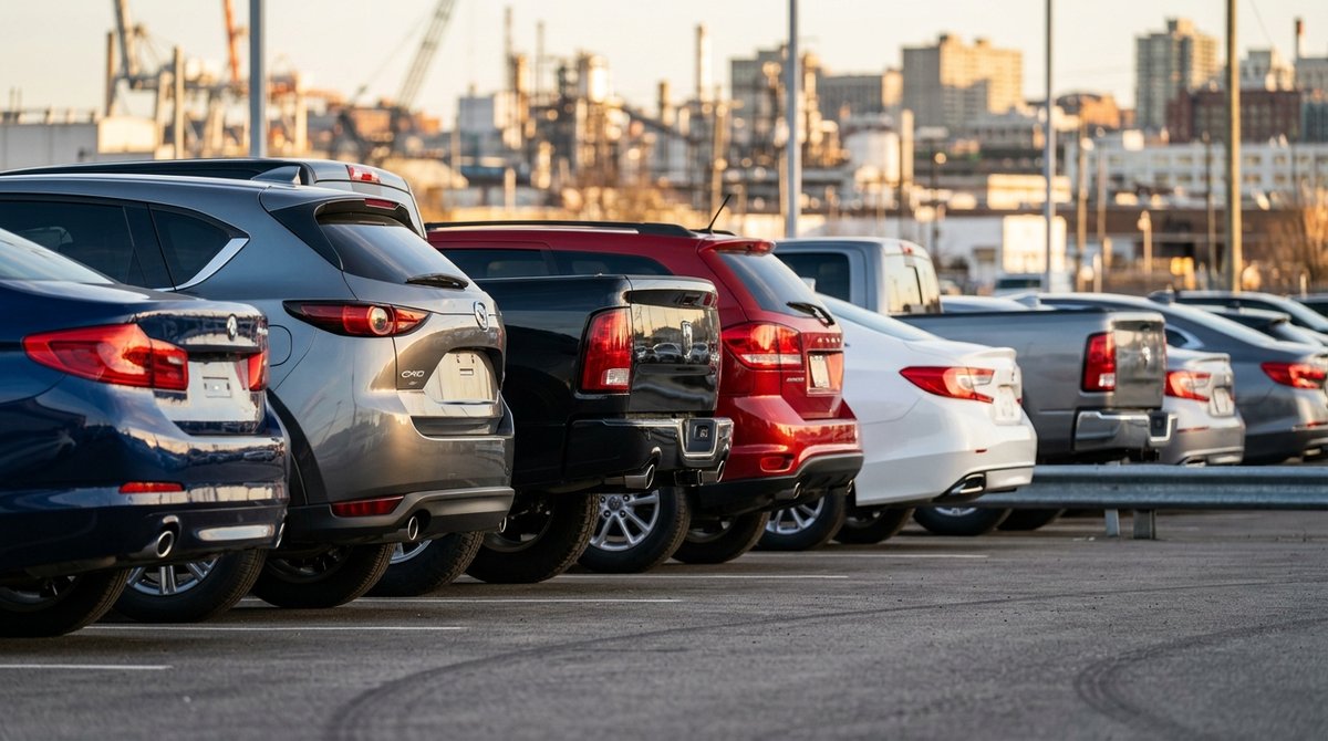 Row of new SUVs and trucks at a dealership lot, representing light-duty and medium-duty vehicle emissions standards.