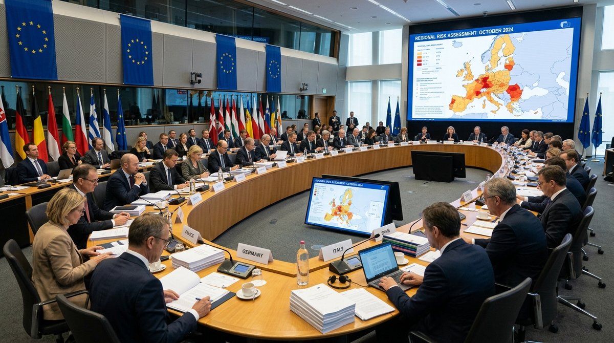 EU policy meeting with delegates around a conference table reviewing a climate risk map of Europe on a large screen