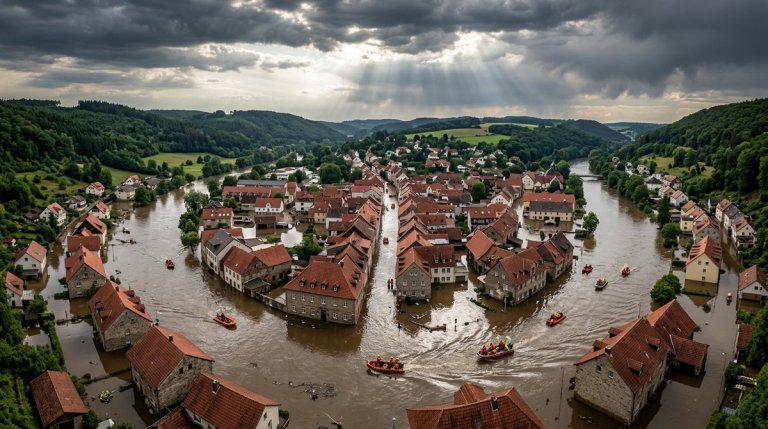 Aerial view of a flooded European town with rescue boats navigating between submerged red-roofed houses during extreme weathe